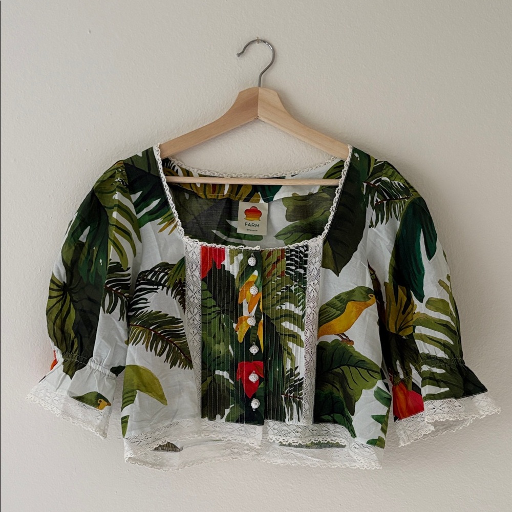 FARM White Cocoa Forest Blouse Puff Sleeve Vibrant Jungle Print Top Size S